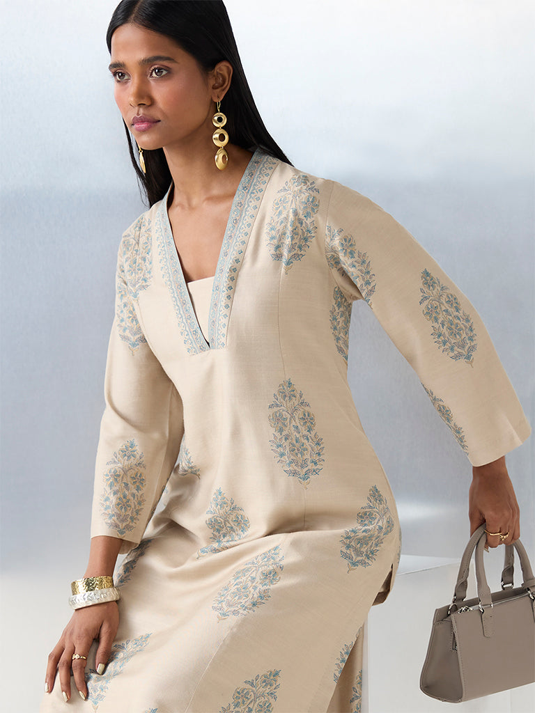 Zuba Beige Floral Printed A-Line Kurta