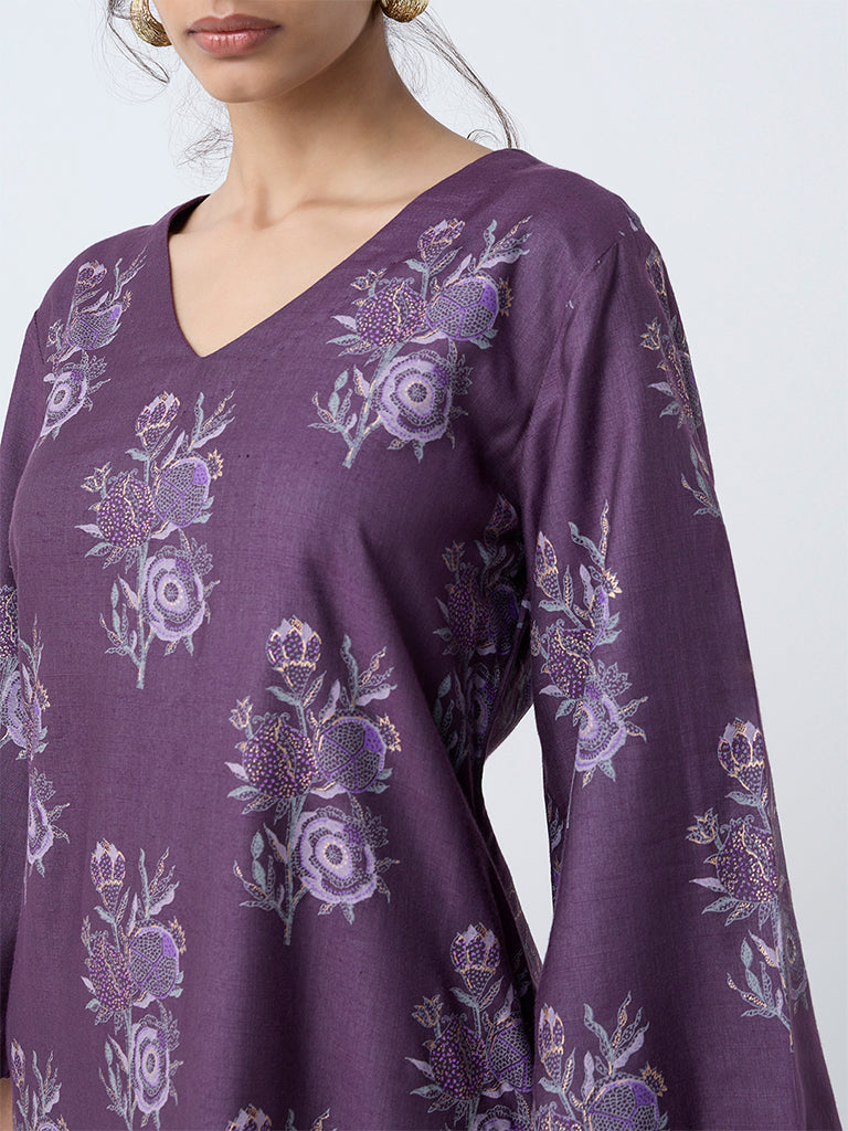 Zuba Purple Printed A-Line Kurta