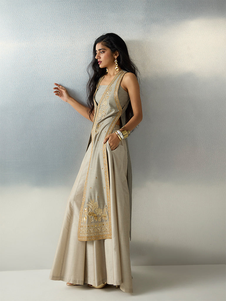 Vark Silver Floral Embroidered A-Line Ethnic Set