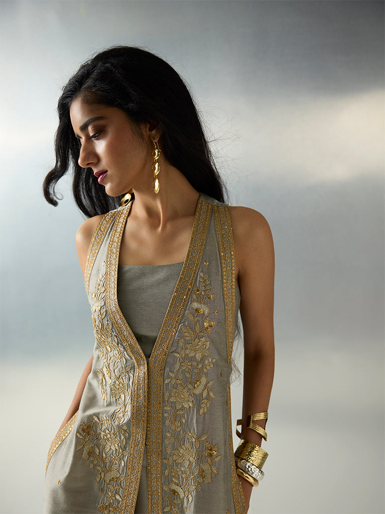 Vark Silver Floral Embroidered A-Line Ethnic Set