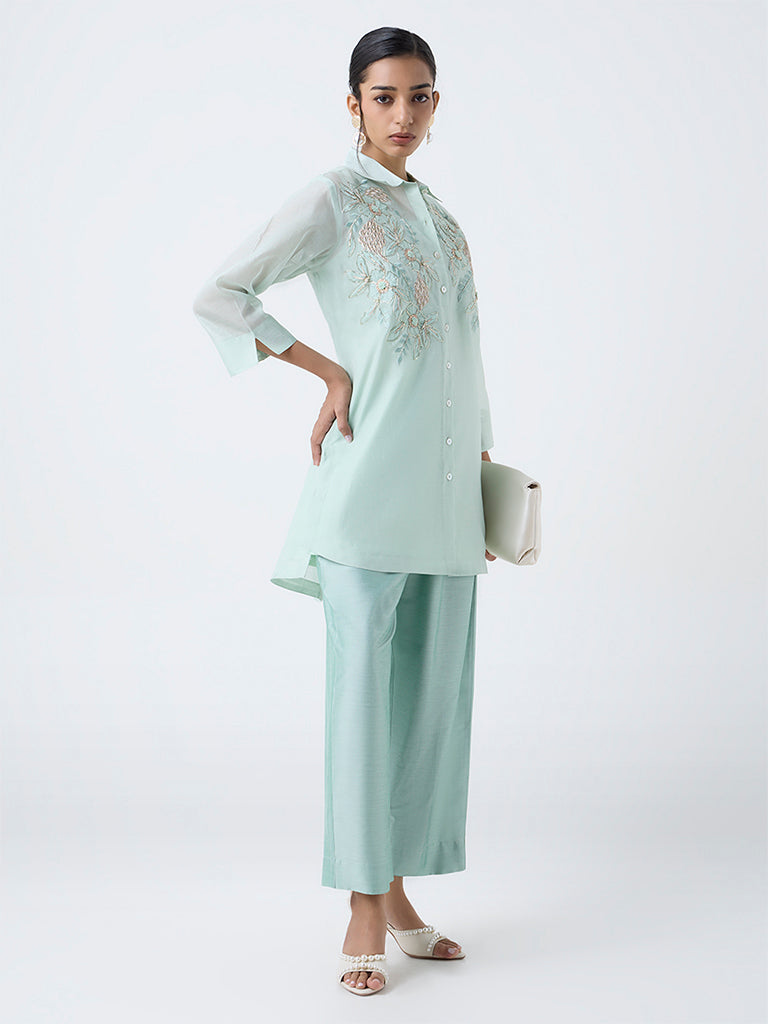 Vark Mint Floral Embroidered Cotton-Blend Ethnic Set