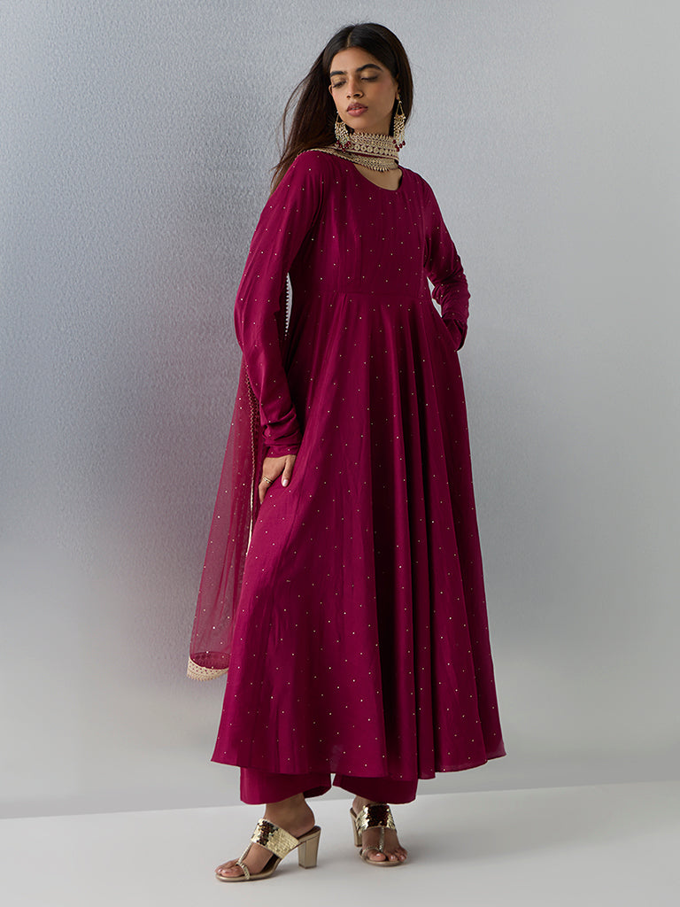 Vark Burgundy Embellished Anarkali Ethnic Set