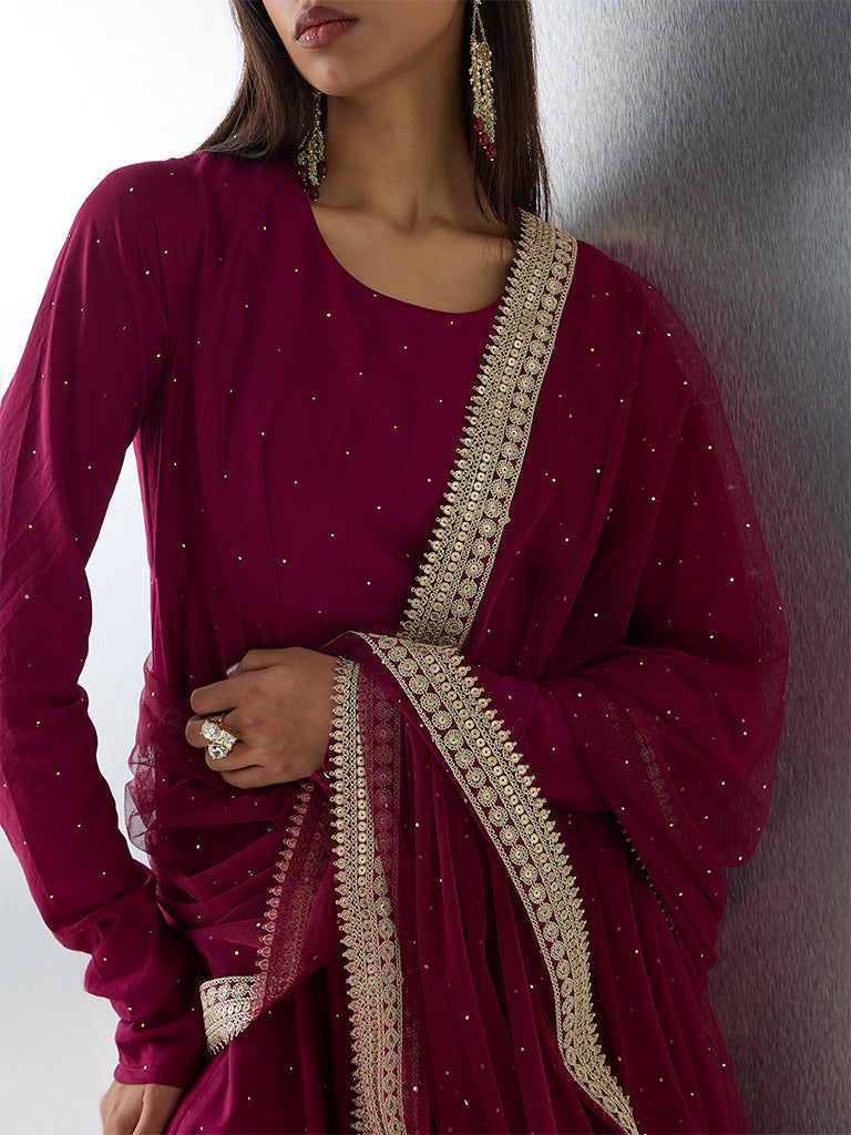 Vark Burgundy Embellished Anarkali Ethnic Set