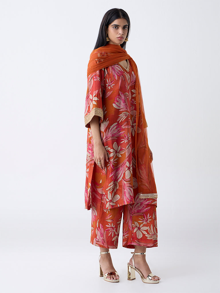 Vark Orange Floral Printed A-Line Ethnic Set