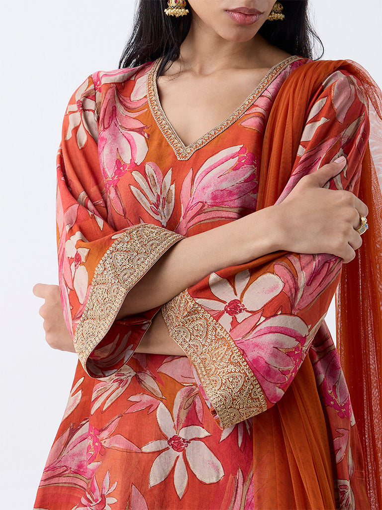 Vark Orange Floral Printed A-Line Ethnic Set