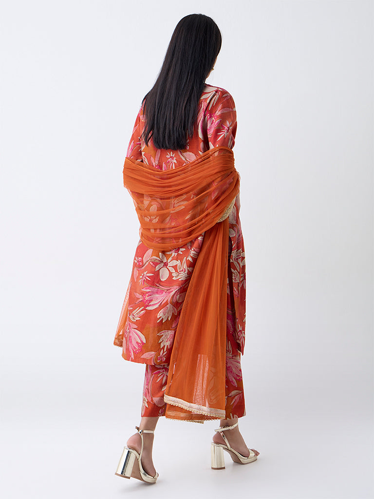 Vark Orange Floral Printed A-Line Ethnic Set