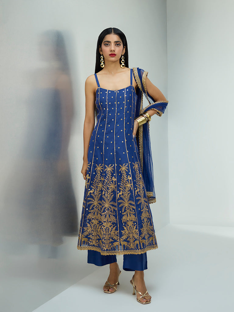 Vark Navy Embroidered Cotton-Blend Anarkali Ethnic Set