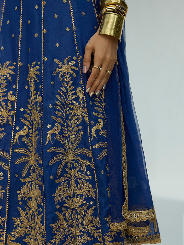 Vark Navy Embroidered Cotton-Blend Anarkali Ethnic Set