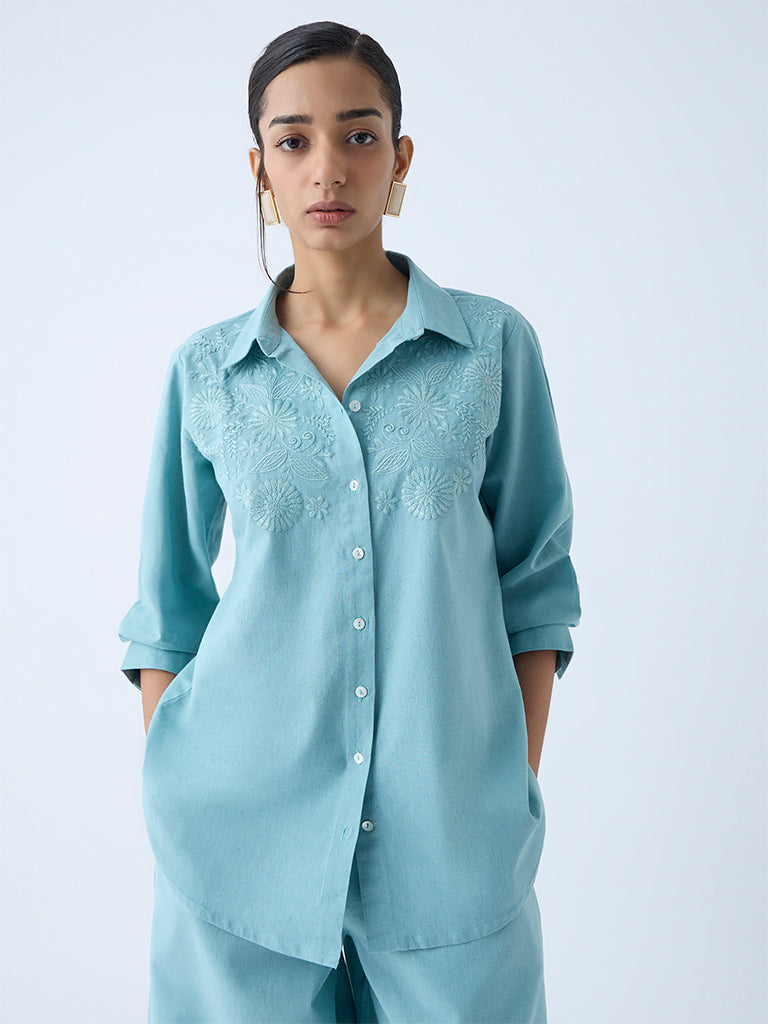 Zuba Aqua Floral Embroidered Cotton-Blend Tunic
