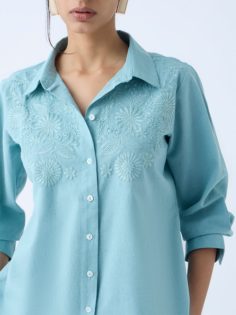 Zuba Aqua Floral Embroidered Cotton-Blend Tunic