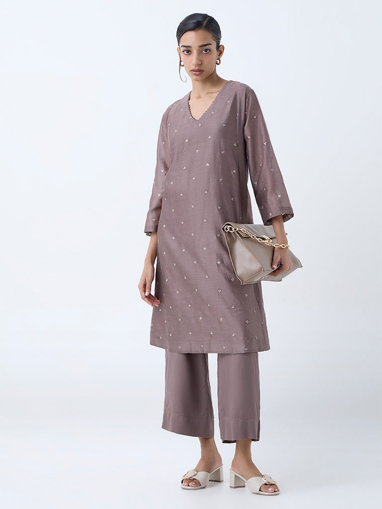 Zuba Brown Sequin Embellished Cotton-Blend A-Line Kurta with Inner