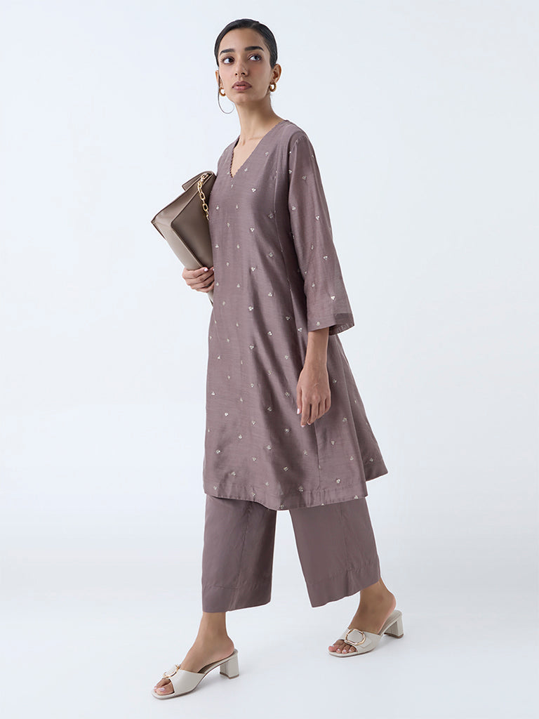 Zuba Brown Sequin Embellished Cotton-Blend A-Line Kurta with Inner