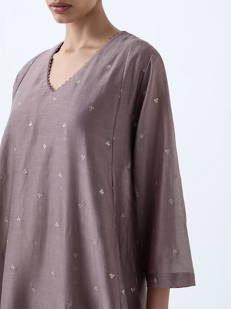 Zuba Brown Sequin Embellished Cotton-Blend A-Line Kurta with Inner