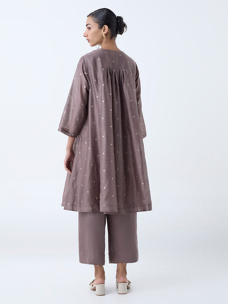 Zuba Brown Sequin Embellished Cotton-Blend A-Line Kurta with Inner