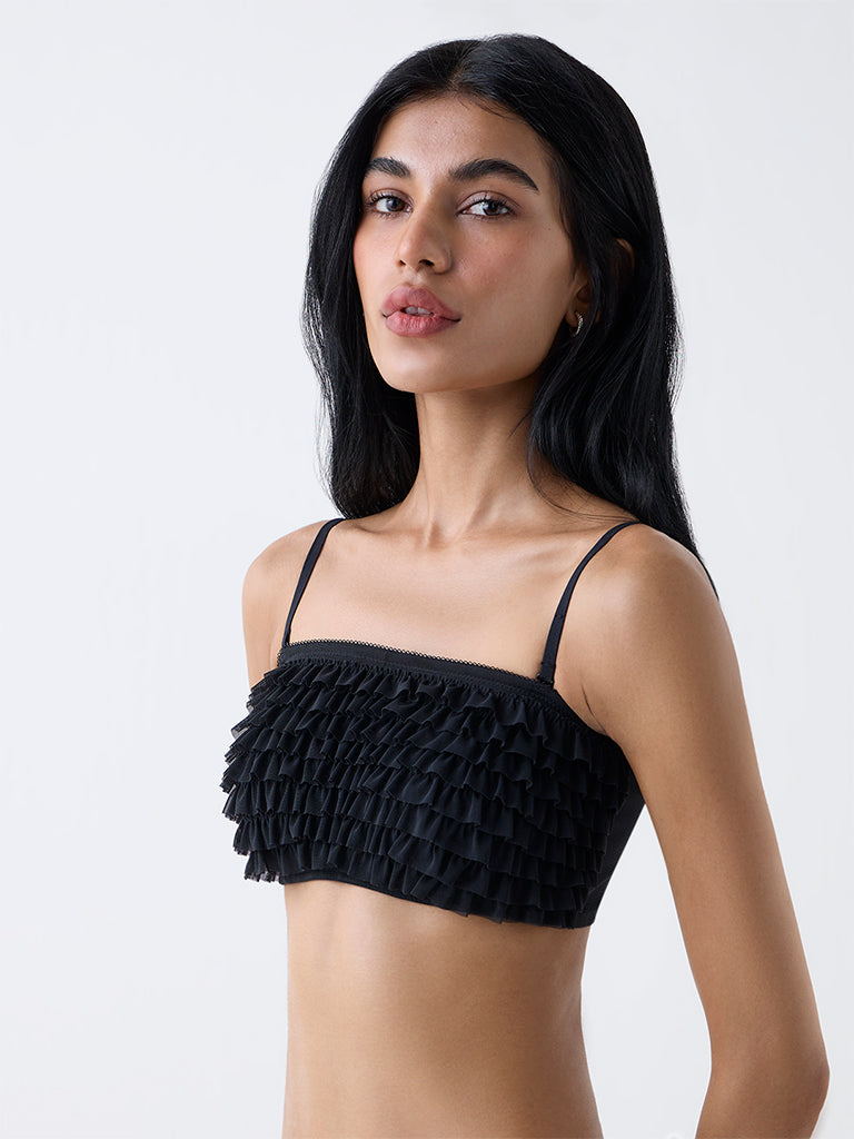 Superstar Black Ruffle-Detailed Padded Bandeau Bra