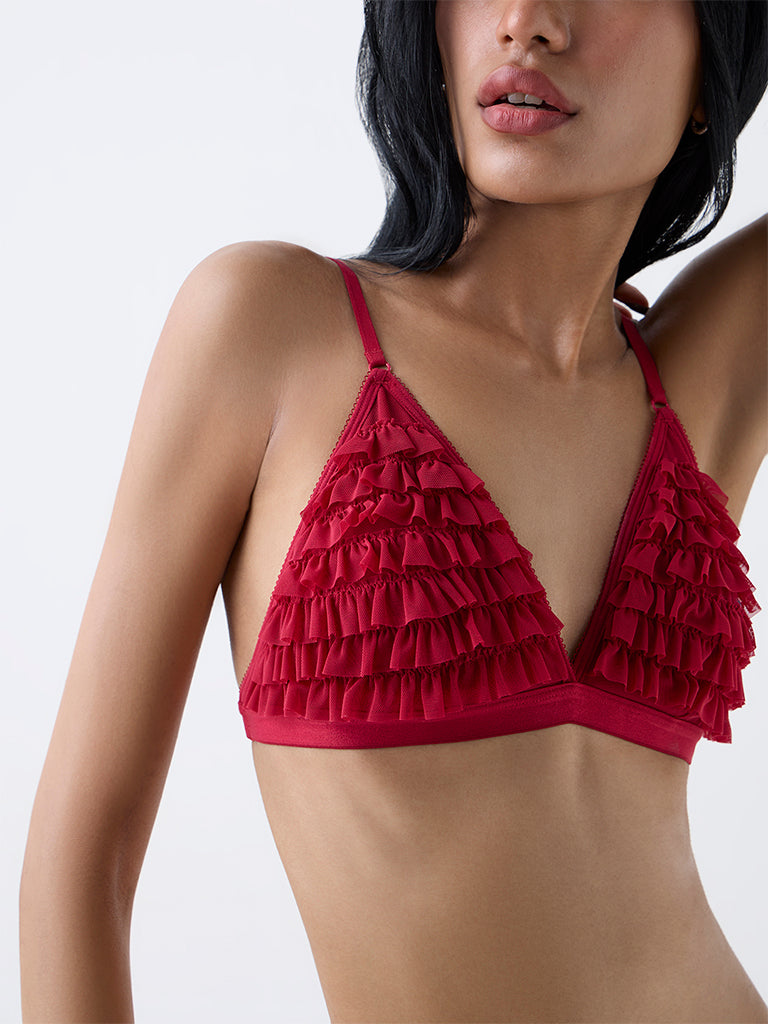 Superstar Red Ruffled Triangle Padded Bra