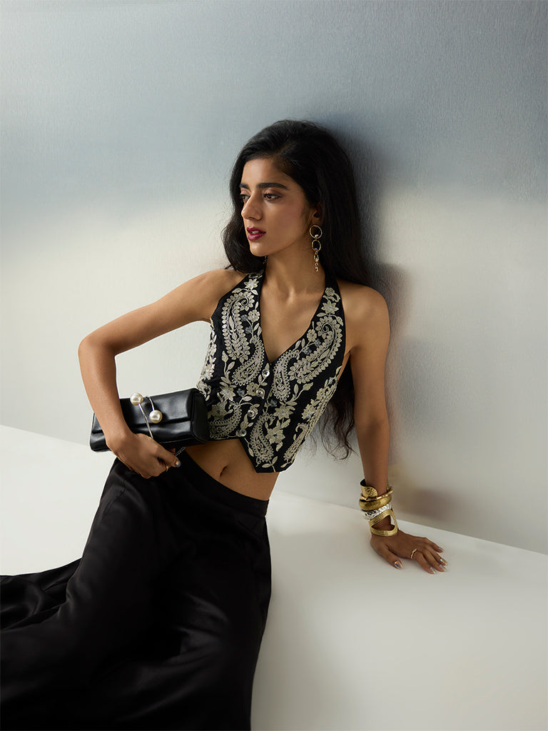 Vark Black Paisley Embroidered Waistcoat-Style Top