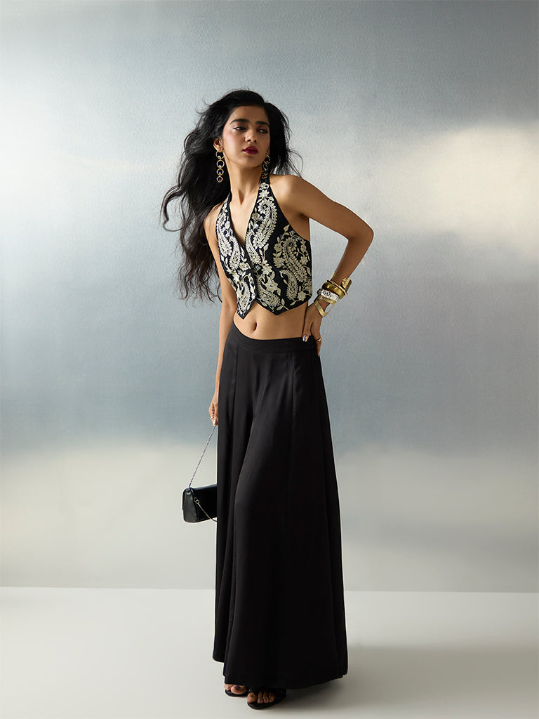 Vark Black Paisley Embroidered Waistcoat-Style Top