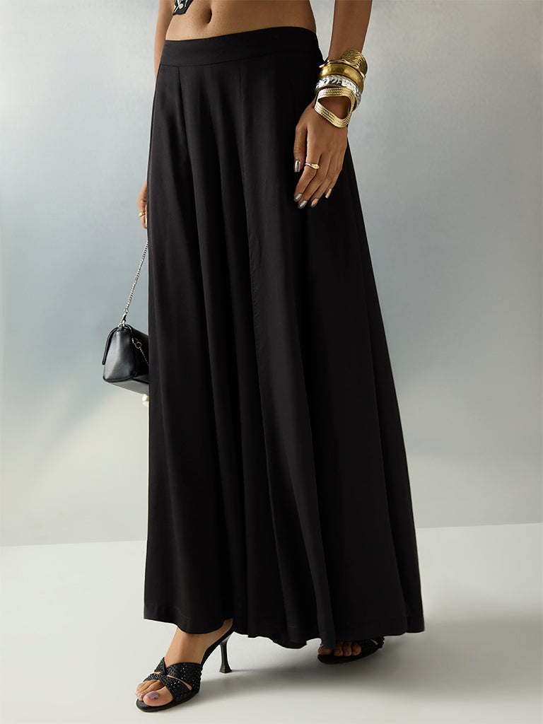 Vark Black Solid Satin Palazzos