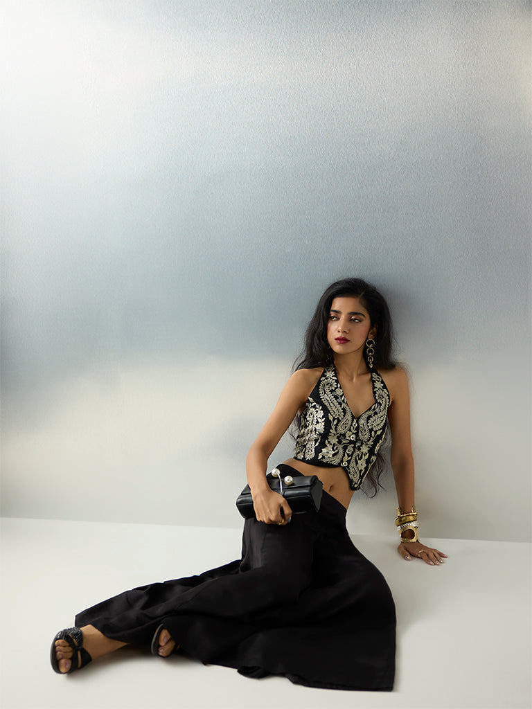 Vark Black Solid Satin Palazzos