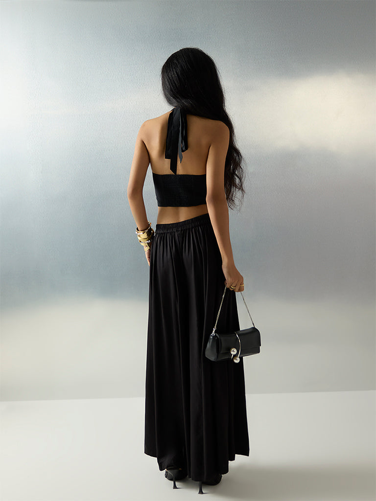 Vark Black Solid Satin Palazzos