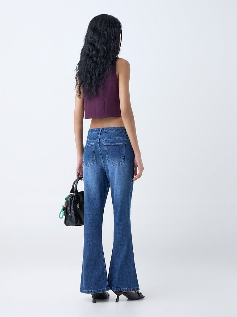 Westside Nuon Women's Blue Cut-Out Detailed Mid-Rise Bootcut Jeans for Casual Wear Back View