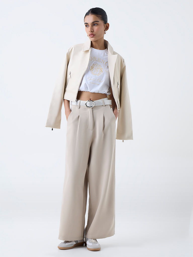 Nuon Beige Solid High-Rise Trousers
