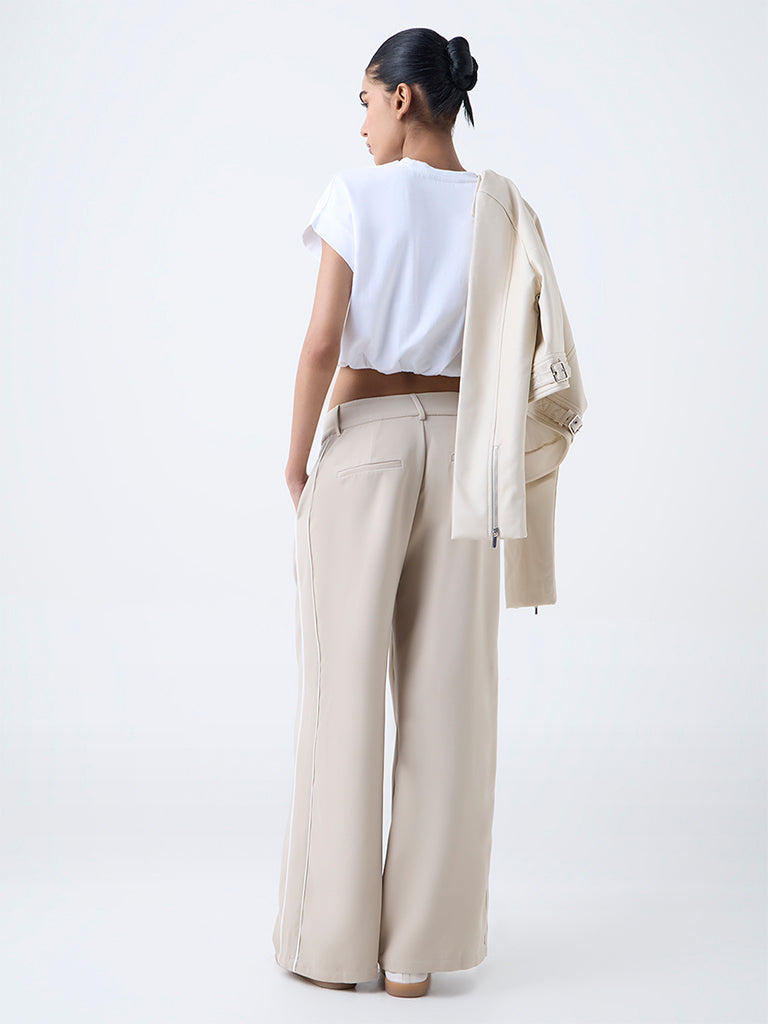 Nuon Beige Solid High-Rise Trousers