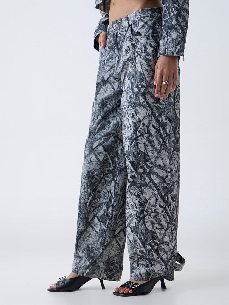 Nuon Grey Camouflage High-Rise Cotton-Blend Trousers