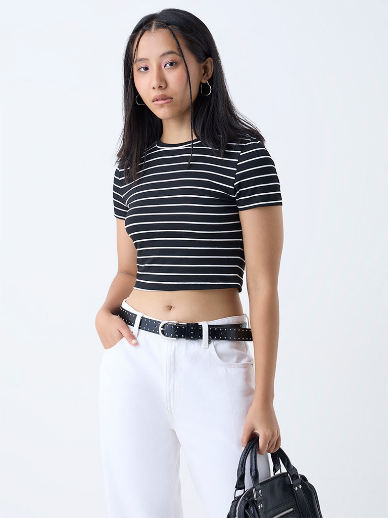 Westside Nuon Women's Black Striped Cotton-Blend T-Shirt for Casual Wear Front view