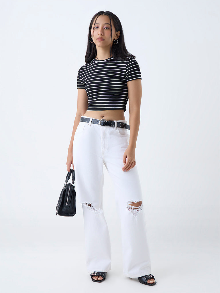 Westside Nuon Women's Black Striped Cotton-Blend T-Shirt for Casual Wear Full View