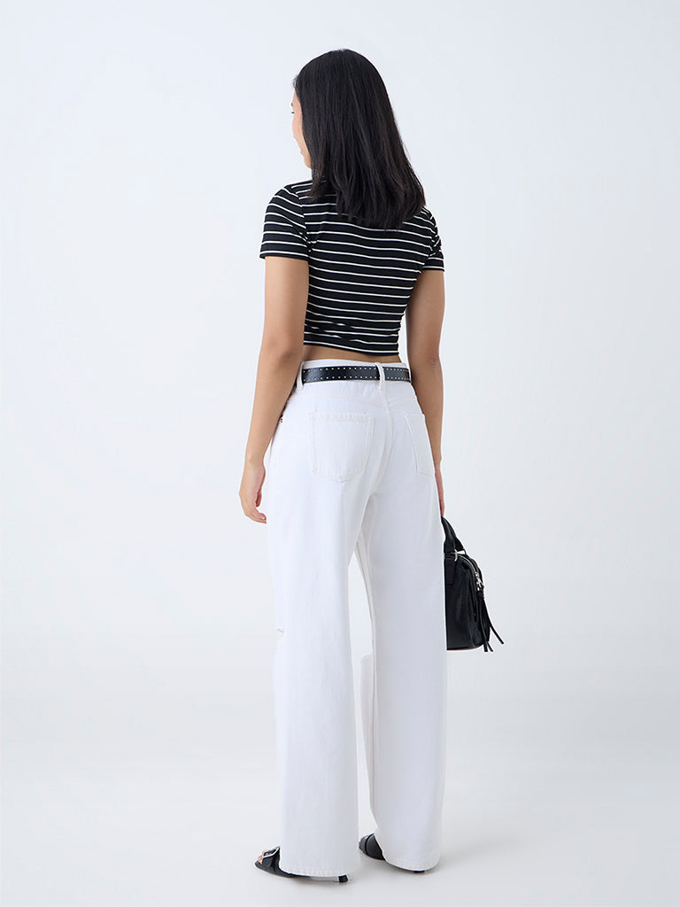 Westside Nuon Women's Black Striped Cotton-Blend T-Shirt for Casual Wear Back View