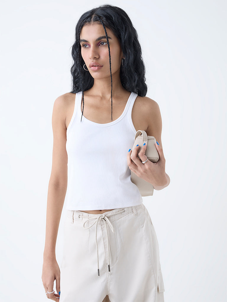 Westside Nuon Women's White Ribbed Cotton-Blend Tank Top for Casual Wear Front view