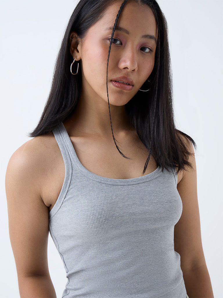 Buy Nuon Grey Ribbed Cotton-Blend Tank Top from Westside
