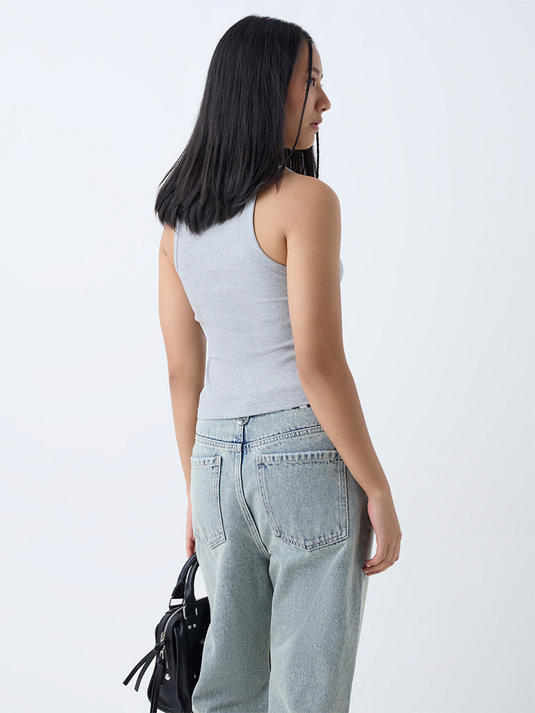 Westside Nuon Women's Grey Ribbed Cotton-Blend Tank Top for Casual Wear Back View