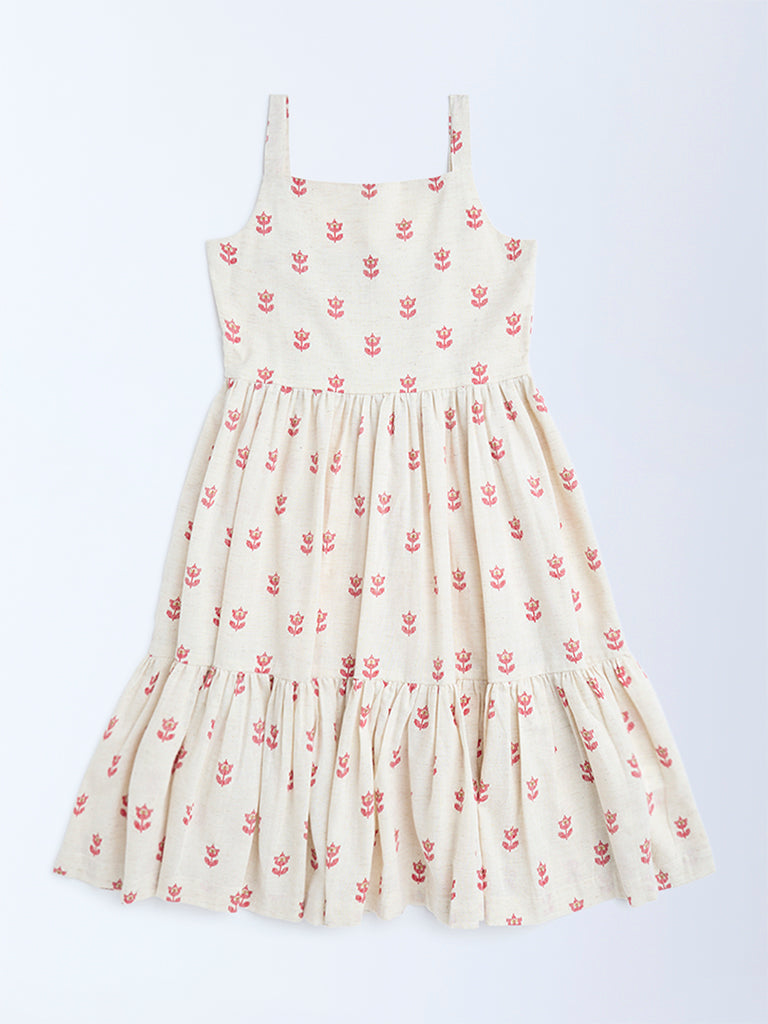 Utsa Kids Off-White Jamdani Floral Cotton-Blend Tiered Dress - (8-14yrs)