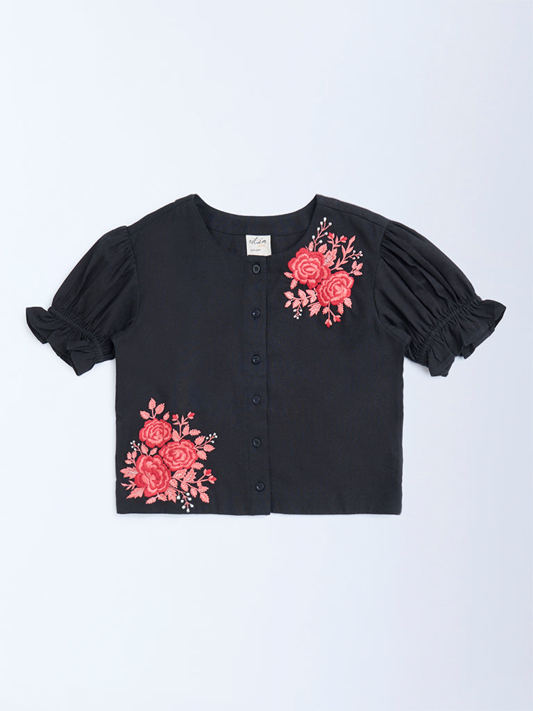 Utsa Kids Black Floral Embroidered Cotton-Blend Top - (8-14yrs)