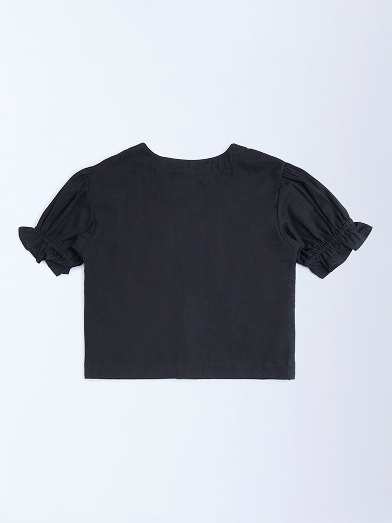 Utsa Kids Black Floral Embroidered Cotton-Blend Top - (8-14yrs)