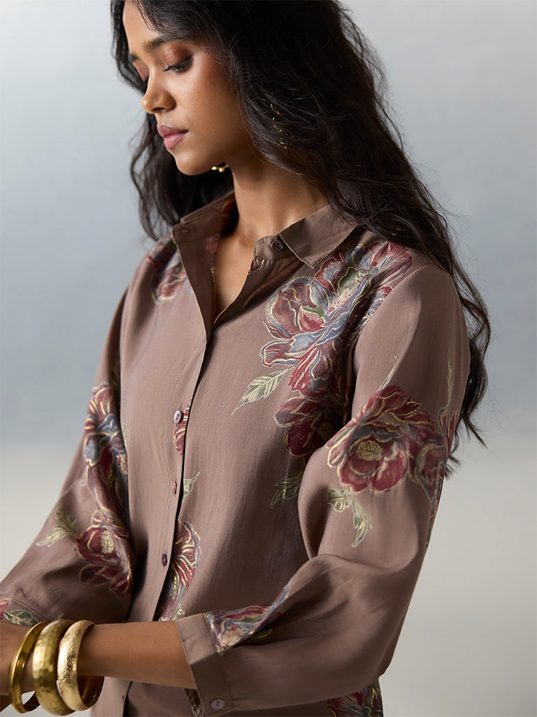 Utsa Brown Floral Printed A-Line Kurta