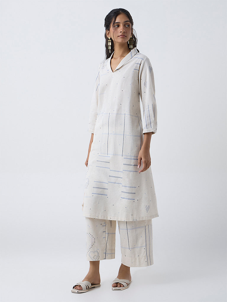 Utsa Off-White Geometric Printed Cotton-Blend Palazzos