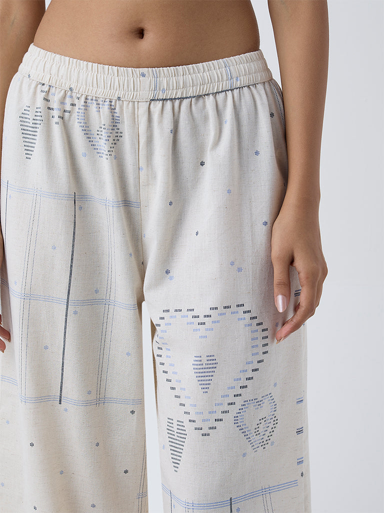 Utsa Off-White Geometric Printed Cotton-Blend Palazzos
