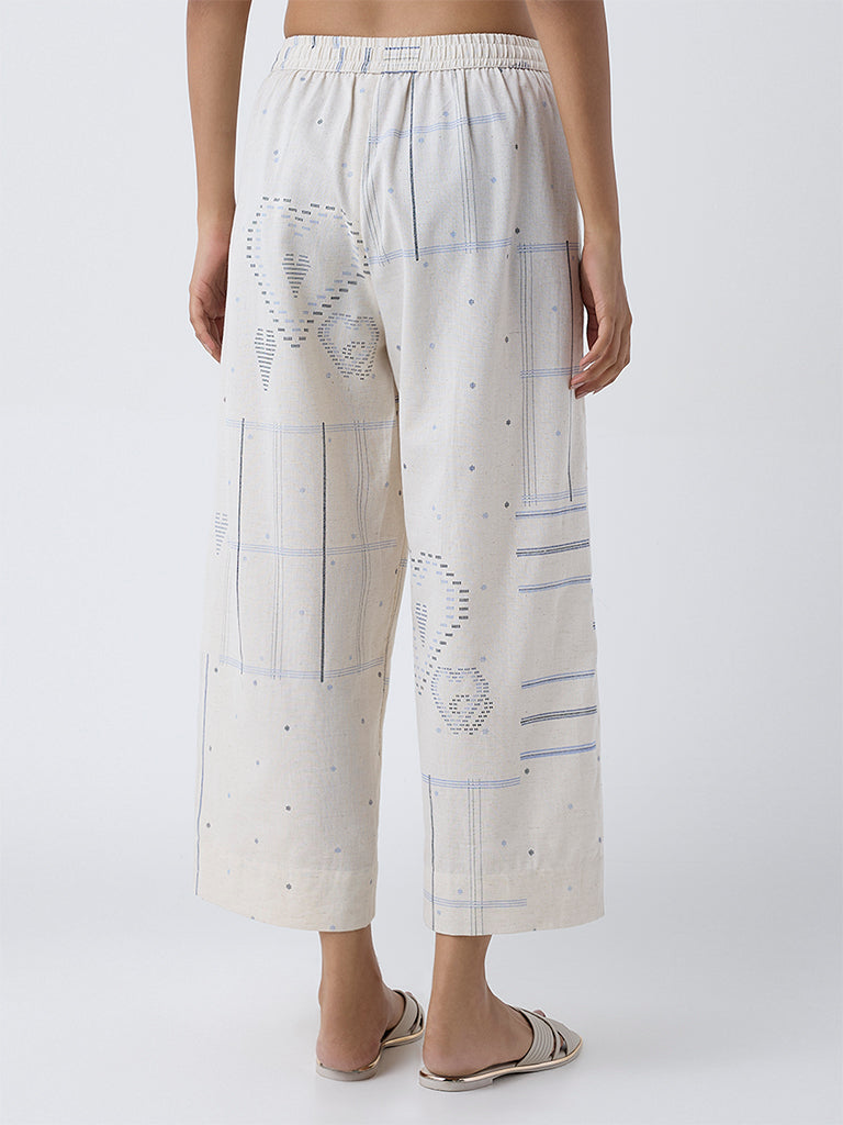 Utsa Off-White Geometric Printed Cotton-Blend Palazzos