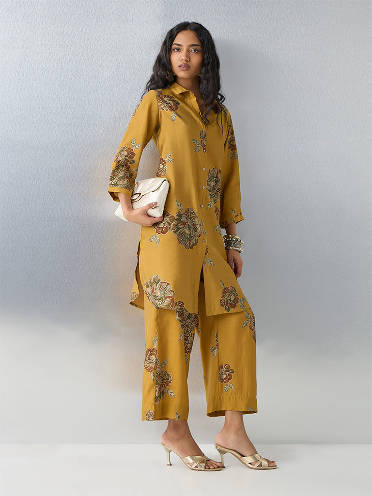 Utsa Mustard Floral Printed Pants