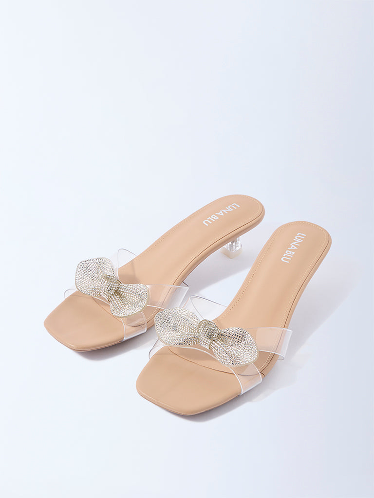 LUNA BLU Clear Embellished Bow Kitten-Heel Sandals
