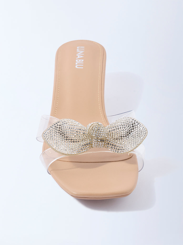 LUNA BLU Clear Embellished Bow Kitten-Heel Sandals