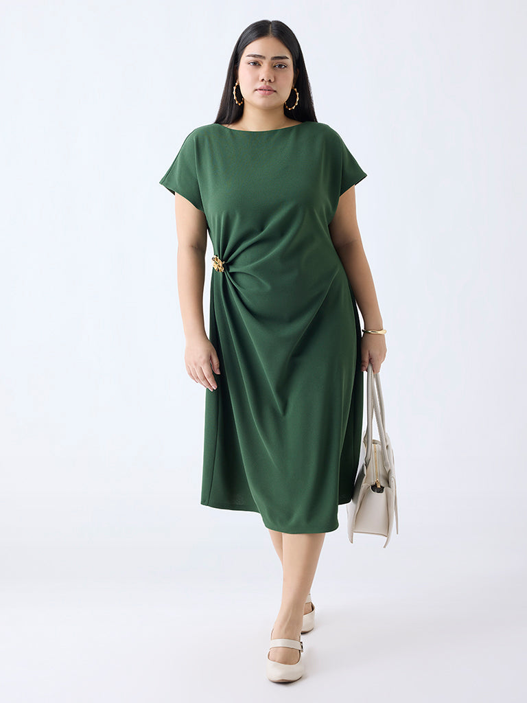 Gia Olive Brooch Detailed A-Line Dress