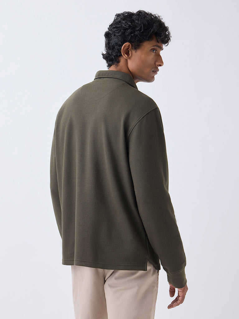 WES Casuals Olive Solid Relaxed-Fit Quarter-Zip Cotton-Blend Sweatshirt