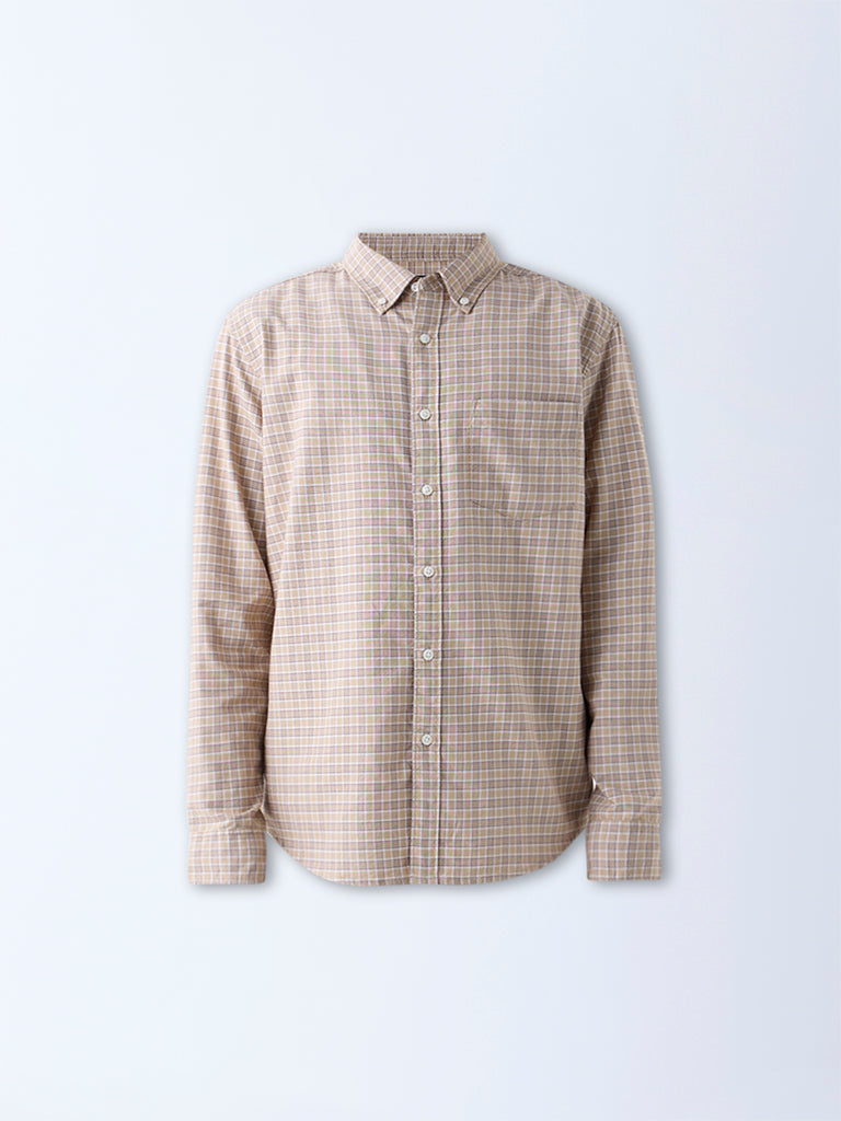 WES Casuals Taupe Checks Printed Relaxed-Fit Cotton Shirt