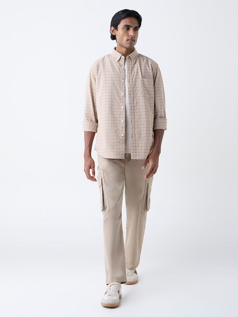 WES Casuals Taupe Checks Printed Relaxed-Fit Cotton Shirt