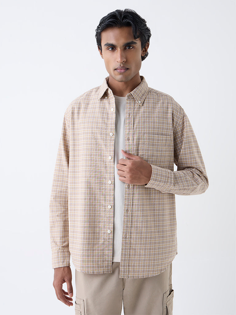 WES Casuals Taupe Checks Printed Relaxed-Fit Cotton Shirt